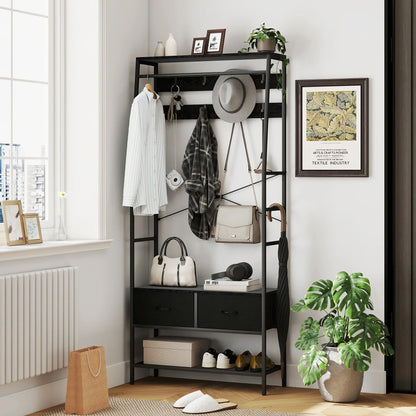 HOMCOM Appendiabiti, Asta Appendiabiti con Scarpiera, 2 Cassetti in Tessuto, Appendiabiti con 8 Ganci, Scaffale, Appendiabiti con Antiribaltamento, per Ingresso, Corridoio, Camera da Letto, Nero