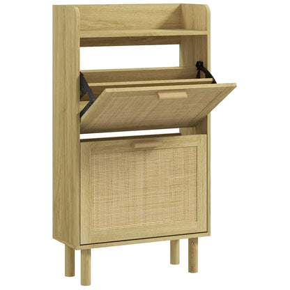 HOMCOM Scarpiera per Ingresso in Stile Bohemien - Scarpiera per 18 Paia di Scarpe con 2 Cassetti a Ribalta e 1 Scaffale Aperto - Scarpiera Sottile per Corridoio 80x24,5x110 cm Quercia