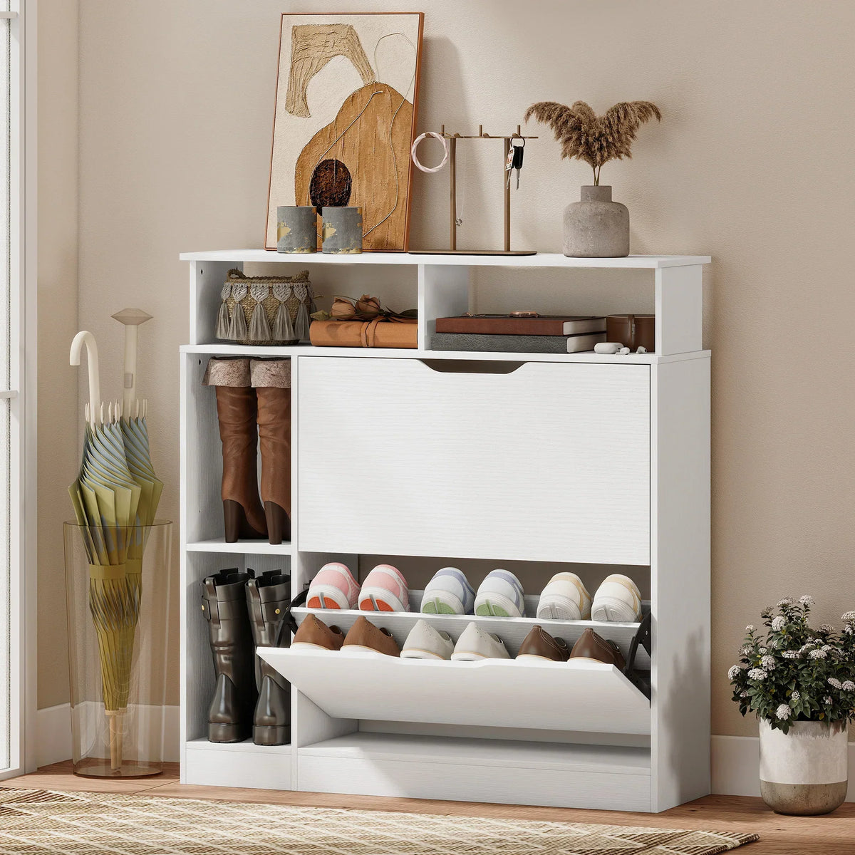 HOMCOM scarpiera stretta con 2 ante a ribalta, scomparti aperti e ripiano regolabile, 89 x 25 x 92 cm, bianco