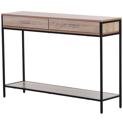 HOMCOM Tavolino Console Stile Industriale con Cassetti e Struttura in Acciaio per Ingresso 120x30x81,5 cm Rovere