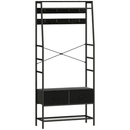 HOMCOM Appendiabiti, Asta Appendiabiti con Scarpiera, 2 Cassetti in Tessuto, Appendiabiti con 8 Ganci, Scaffale, Appendiabiti con Antiribaltamento, per Ingresso, Corridoio, Camera da Letto, Nero