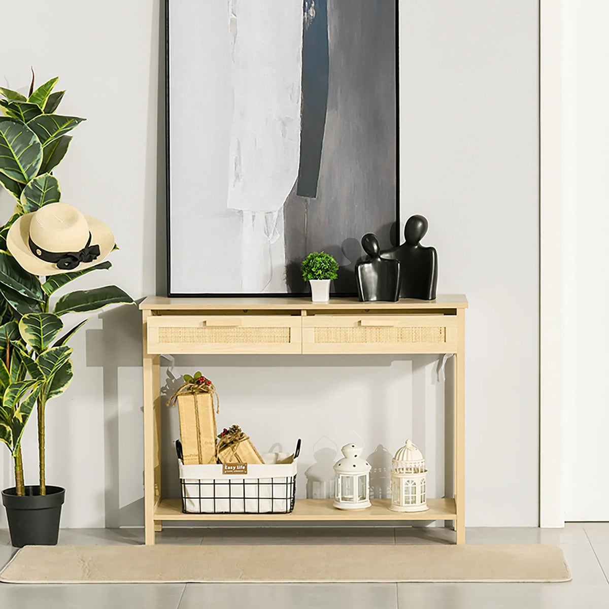 HOMCOM Tavolo Consolle da Ingresso con 2 Cassetti con Superficie in Rattan e Ripiano Inferiore, per Soggiorno o Camera da Letto, Stile Rustico, 100x30x76 cm, Colore Naturale
