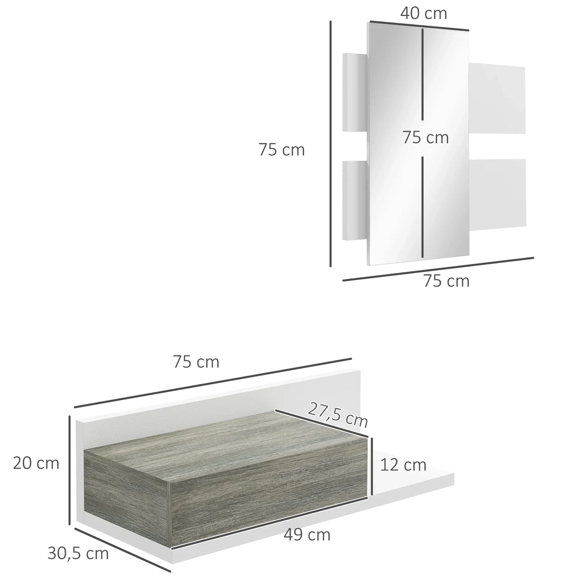 HOMCOM Set da ingresso con specchio e cassetto, montaggio a parete, stile moderno 75x3,5x75 cm e 75x30,5x20 cm Grigio e Bianco