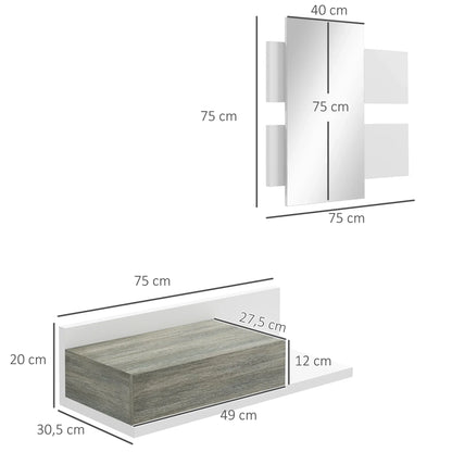 HOMCOM Set da ingresso con specchio e cassetto, montaggio a parete, stile moderno 75x3,5x75 cm e 75x30,5x20 cm Grigio e Bianco