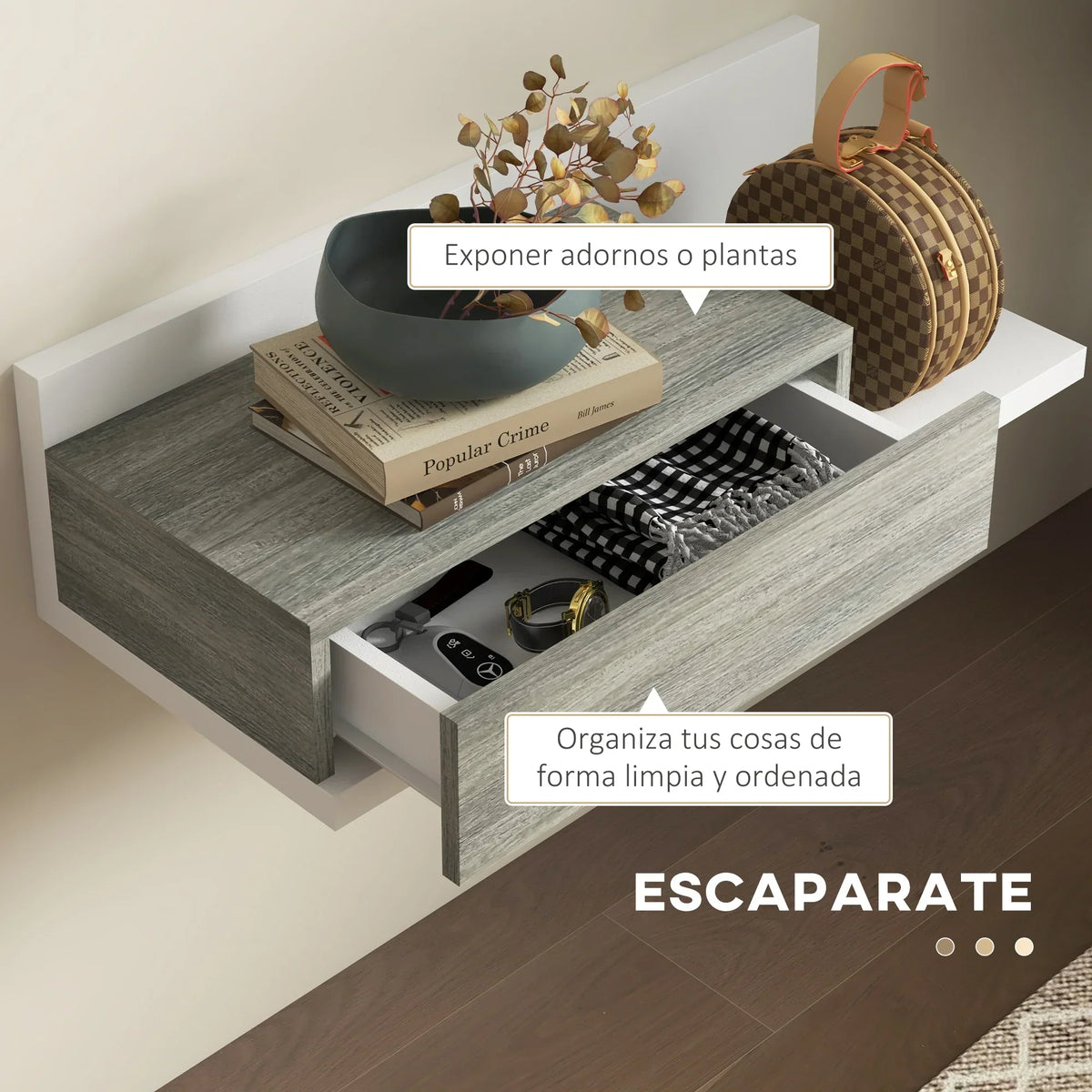 HOMCOM Set da ingresso con specchio e cassetto, montaggio a parete, stile moderno 75x3,5x75 cm e 75x30,5x20 cm Grigio e Bianco