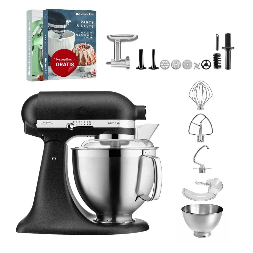 KitchenAid Robot da cucina Artisan 4,8 L 5KSM185 con tritacarne Meatlover in metallo 5KSMMGA misura 8 e accessorio per biscotti spritz