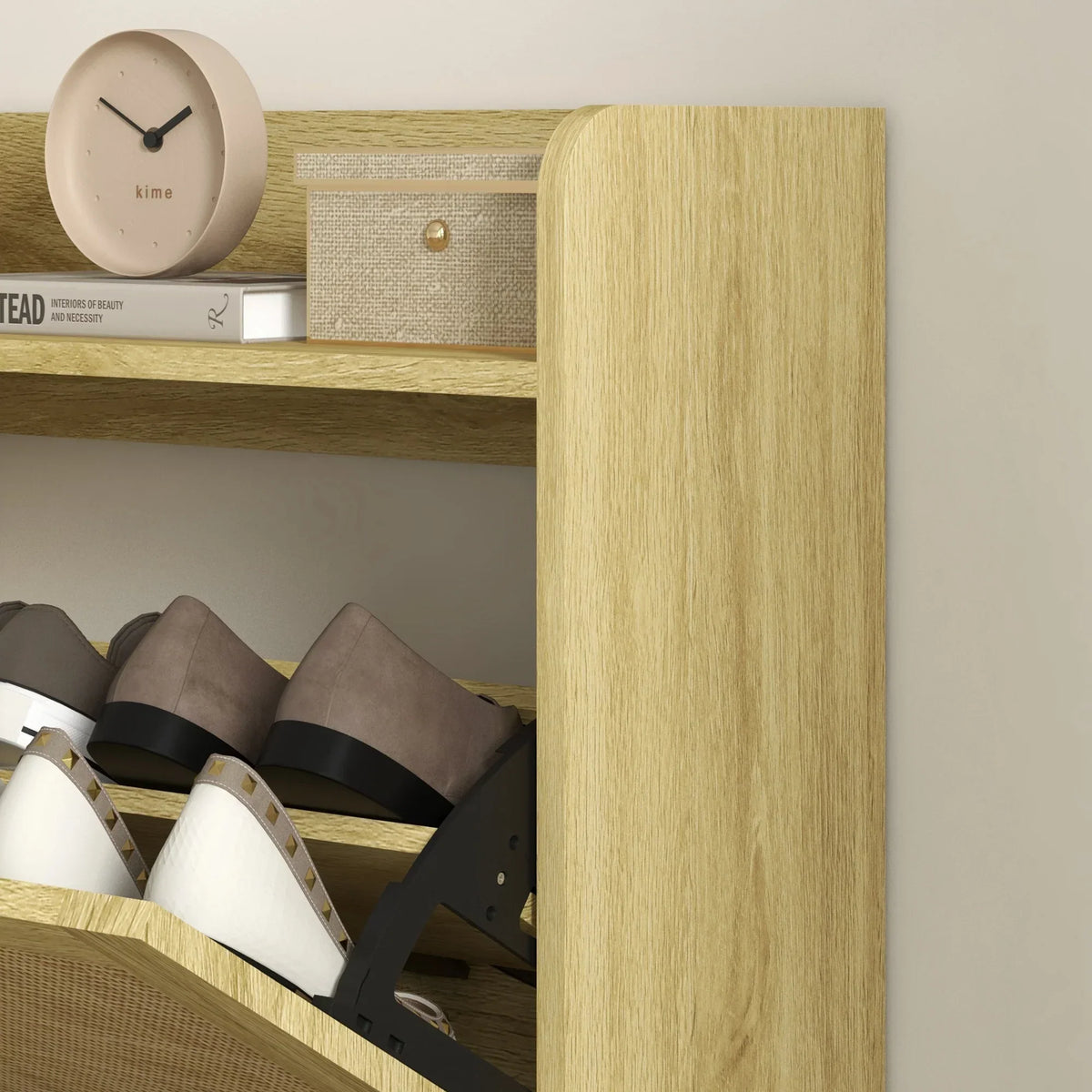 HOMCOM Scarpiera per Ingresso in Stile Bohemien - Scarpiera per 18 Paia di Scarpe con 2 Cassetti a Ribalta e 1 Scaffale Aperto - Scarpiera Sottile per Corridoio 80x24,5x110 cm Quercia