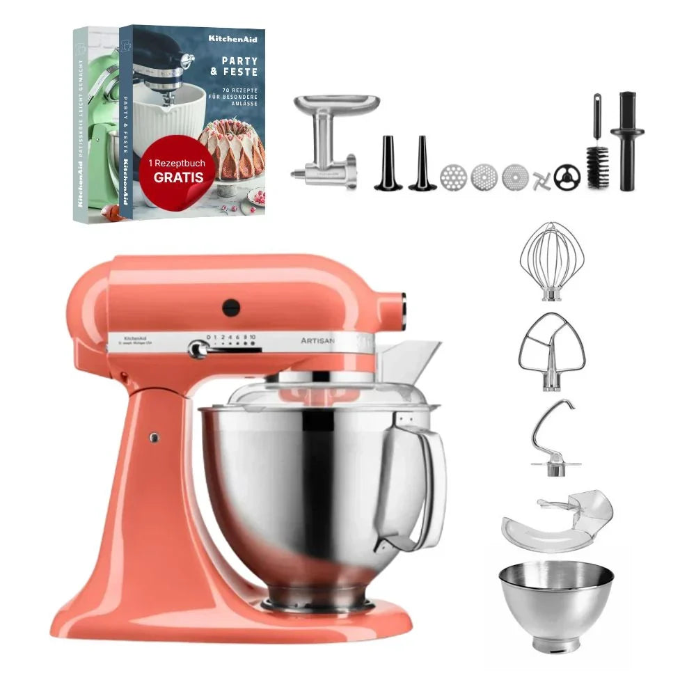 KitchenAid Robot da cucina Artisan 4,8 L 5KSM185 con tritacarne Meatlover in metallo 5KSMMGA misura 8 e accessorio per biscotti spritz