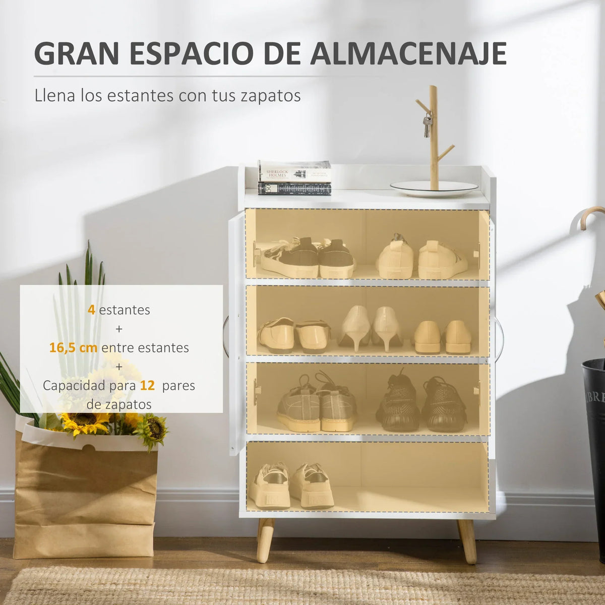 HOMCOM Scarpiera moderna con 2 ante e 4 ripiani per 12 paia di scarpe, ideale per ingresso, soggiorno, camera da letto 60x30x92 cm Bianco