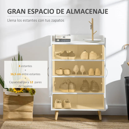 HOMCOM Scarpiera moderna con 2 ante e 4 ripiani per 12 paia di scarpe, ideale per ingresso, soggiorno, camera da letto 60x30x92 cm Bianco