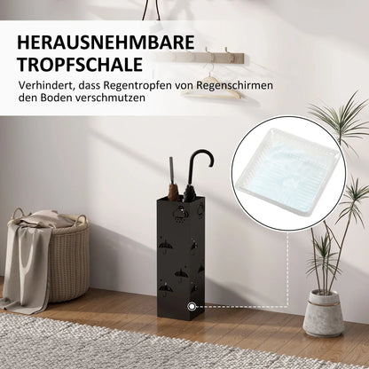 HOMCOM Portaombrelli con 4 Ganci, Vassoio Raccogligocce Rimovibile, Portaombrelli Decorativo per Ombrelloni da Sole, Giornate di Pioggia e Bastoni da Passeggio, Acciaio 15,5 x 15,5 x 49 cm Nero
