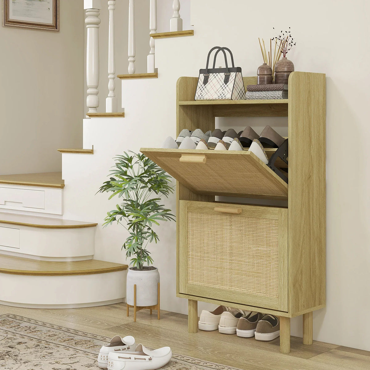 HOMCOM Scarpiera per Ingresso in Stile Bohemien - Scarpiera per 18 Paia di Scarpe con 2 Cassetti a Ribalta e 1 Scaffale Aperto - Scarpiera Sottile per Corridoio 80x24,5x110 cm Quercia