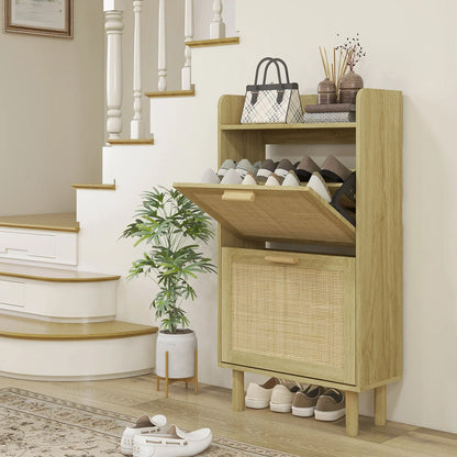 HOMCOM Scarpiera per Ingresso in Stile Bohemien - Scarpiera per 18 Paia di Scarpe con 2 Cassetti a Ribalta e 1 Scaffale Aperto - Scarpiera Sottile per Corridoio 80x24,5x110 cm Quercia