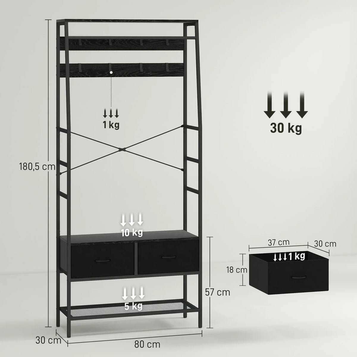 HOMCOM Appendiabiti, Asta Appendiabiti con Scarpiera, 2 Cassetti in Tessuto, Appendiabiti con 8 Ganci, Scaffale, Appendiabiti con Antiribaltamento, per Ingresso, Corridoio, Camera da Letto, Nero