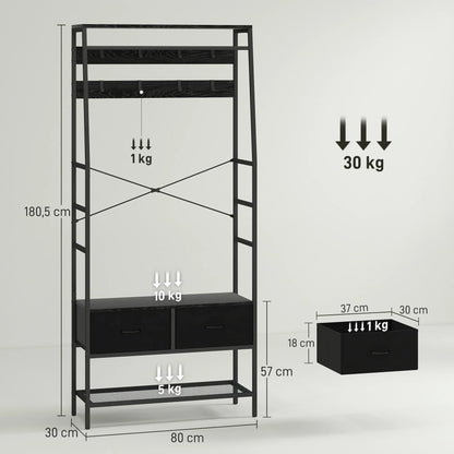HOMCOM Appendiabiti, Asta Appendiabiti con Scarpiera, 2 Cassetti in Tessuto, Appendiabiti con 8 Ganci, Scaffale, Appendiabiti con Antiribaltamento, per Ingresso, Corridoio, Camera da Letto, Nero