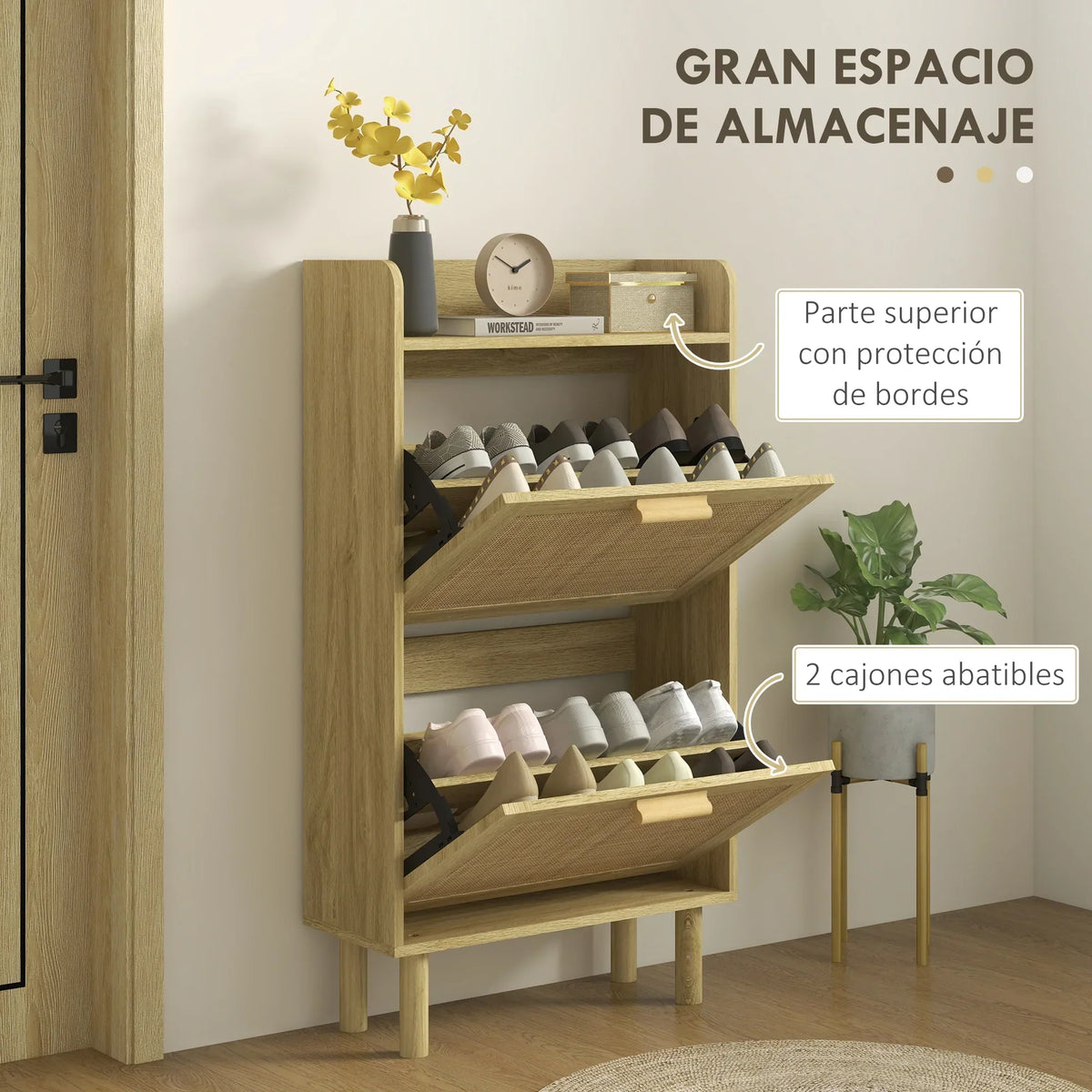 HOMCOM Scarpiera per Ingresso in Stile Bohemien - Scarpiera per 18 Paia di Scarpe con 2 Cassetti a Ribalta e 1 Scaffale Aperto - Scarpiera Sottile per Corridoio 80x24,5x110 cm Quercia