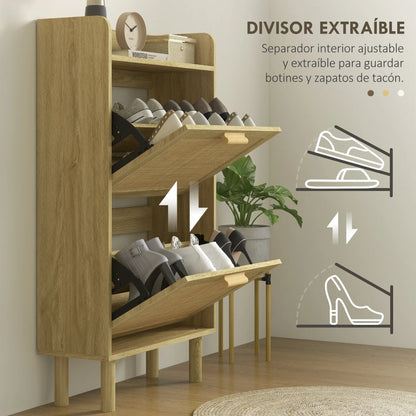 HOMCOM Scarpiera per Ingresso in Stile Bohemien - Scarpiera per 18 Paia di Scarpe con 2 Cassetti a Ribalta e 1 Scaffale Aperto - Scarpiera Sottile per Corridoio 80x24,5x110 cm Quercia