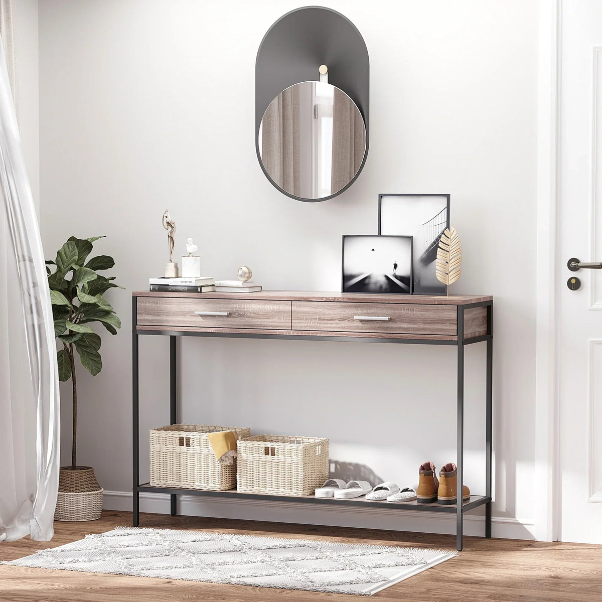 HOMCOM Tavolino Console Stile Industriale con Cassetti e Struttura in Acciaio per Ingresso 120x30x81,5 cm Rovere