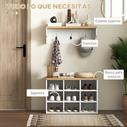 HOMCOM Appendiabiti e scarpiera 2 in 1 Mobile da Ingresso con 3 Ganci e Ripiani per 9 Paia di Scarpe 75x30x50 cm e 75x20x22,5 cm Bianco