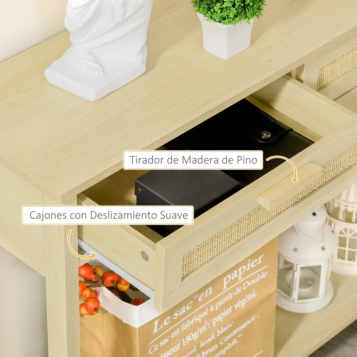 HOMCOM Tavolo Consolle da Ingresso con 2 Cassetti con Superficie in Rattan e Ripiano Inferiore, per Soggiorno o Camera da Letto, Stile Rustico, 100x30x76 cm, Colore Naturale