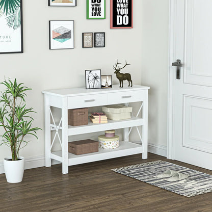 HOMCOM Consolle da Ingresso con 2 Cassetti e Ripiano Inferiore, Tavolino da Divano con Struttura in Metallo in Stile Moderno, 105x40x76 cm, Bianco