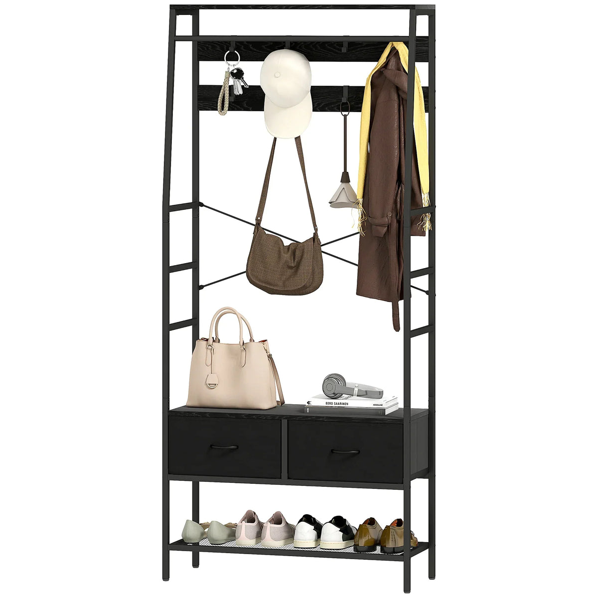 HOMCOM Appendiabiti, Asta Appendiabiti con Scarpiera, 2 Cassetti in Tessuto, Appendiabiti con 8 Ganci, Scaffale, Appendiabiti con Antiribaltamento, per Ingresso, Corridoio, Camera da Letto, Nero