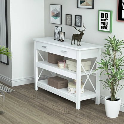 HOMCOM Consolle da Ingresso con 2 Cassetti e Ripiano Inferiore, Tavolino da Divano con Struttura in Metallo in Stile Moderno, 105x40x76 cm, Bianco