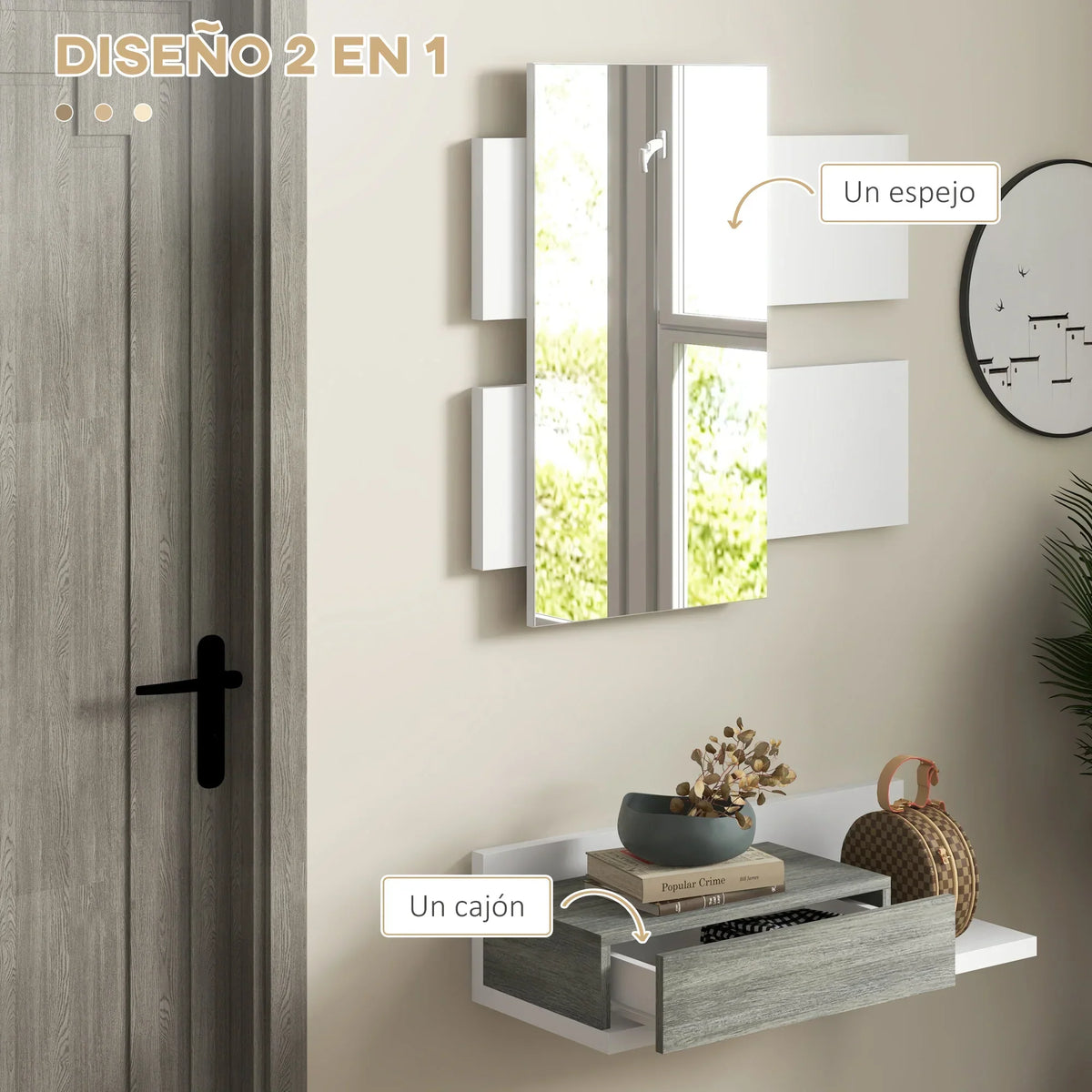 HOMCOM Set da ingresso con specchio e cassetto, montaggio a parete, stile moderno 75x3,5x75 cm e 75x30,5x20 cm Grigio e Bianco