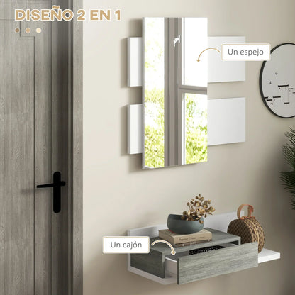 HOMCOM Set da ingresso con specchio e cassetto, montaggio a parete, stile moderno 75x3,5x75 cm e 75x30,5x20 cm Grigio e Bianco