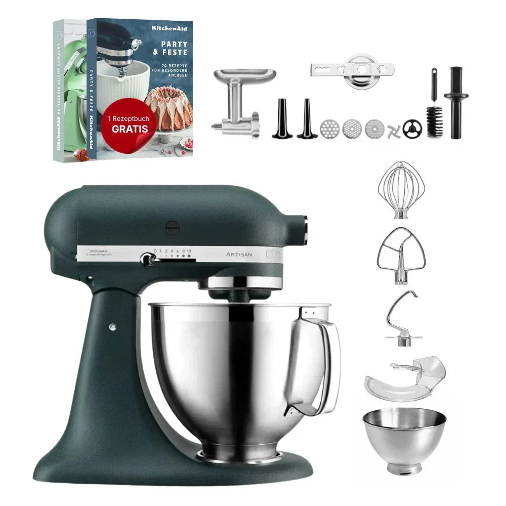 KitchenAid Robot da cucina Artisan 4,8 L 5KSM185 con tritacarne Meatlover in metallo 5KSMMGA misura 8 e accessorio per biscotti spritz