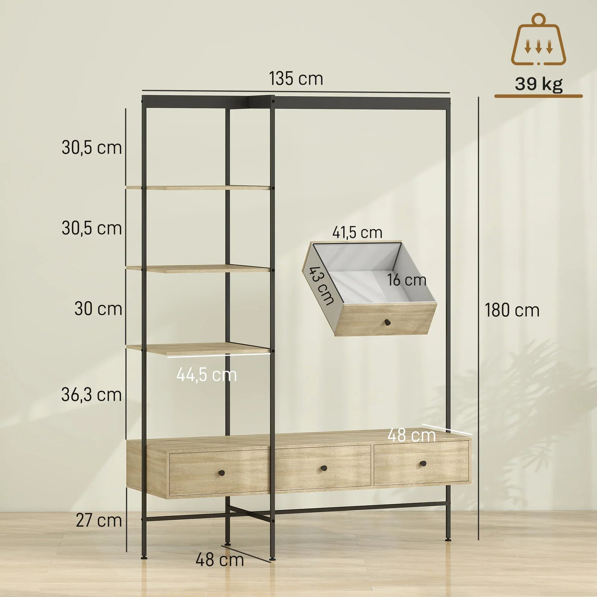 HOMCOM 4-in-1 Appendiabiti Autoportante con Ripiani, Cassetti e Asta Appendiabiti – Effetto Rovere, Struttura in Metallo, Antiribaltamento (H 180 cm)