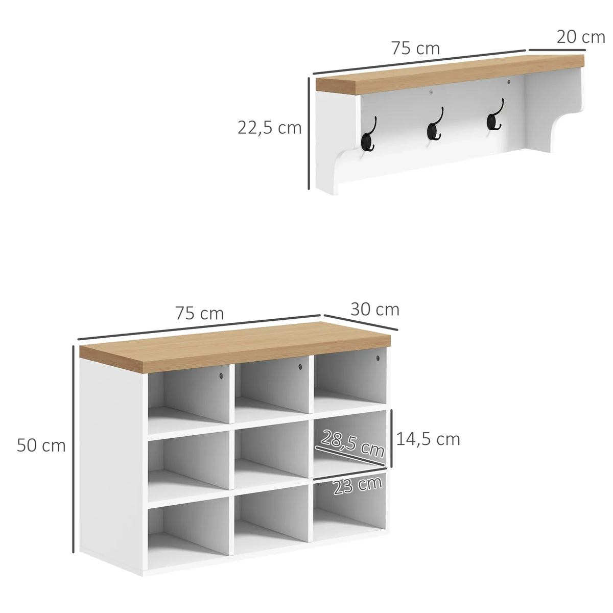 HOMCOM Appendiabiti e scarpiera 2 in 1 Mobile da Ingresso con 3 Ganci e Ripiani per 9 Paia di Scarpe 75x30x50 cm e 75x20x22,5 cm Bianco