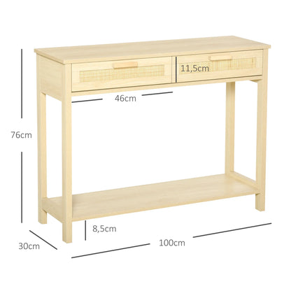HOMCOM Tavolo Consolle da Ingresso con 2 Cassetti con Superficie in Rattan e Ripiano Inferiore, per Soggiorno o Camera da Letto, Stile Rustico, 100x30x76 cm, Colore Naturale