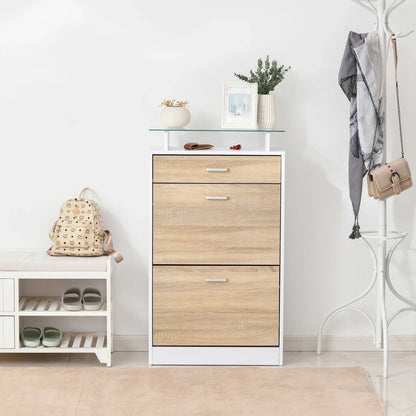 HOMCOM Scarpiera a 3 Ante con Mensole in Vetro e Maniglie in Alluminio, Carico 50 kg, 60x24x105,5 cm - Colore Naturale