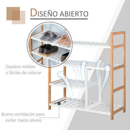 HOMCOM Scarpiera a 4 Ripiani per 11 Paia di Scarpe e Vano per Stivali Alti, in Legno di Pino Massiccio 68x26x78 cm, Bianca