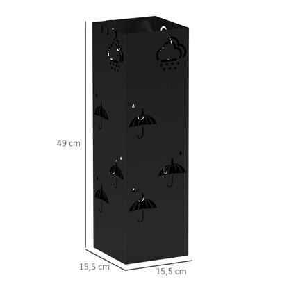 HOMCOM Portaombrelli con 4 Ganci, Vassoio Raccogligocce Rimovibile, Portaombrelli Decorativo per Ombrelloni da Sole, Giornate di Pioggia e Bastoni da Passeggio, Acciaio 15,5 x 15,5 x 49 cm Nero