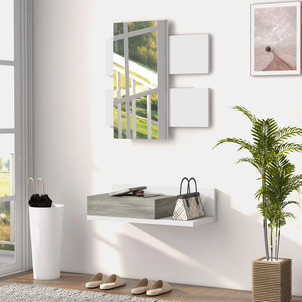 HOMCOM Set da ingresso con specchio e cassetto, montaggio a parete, stile moderno 75x3,5x75 cm e 75x30,5x20 cm Grigio e Bianco