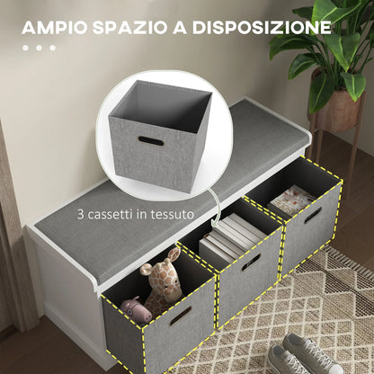 HOMCOM Panca Scarpiera da Ingresso con 3 Cassetti, Mobile Contenitore per Scarpe con Rivestimento in Legno e Tessuto, Scarpiera per 3 Paia di Scarpe, per Soggiorno e Corridoio, 105x35x47 cm, Bianco