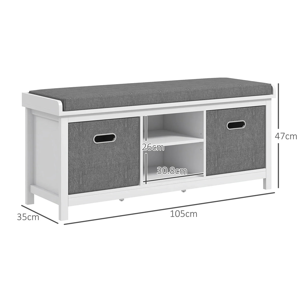 HOMCOM Schuhe-Bank mit verstellbarem 3-stufigem Regal, 2 abnehmbaren Schubladen und Polster, Möbel aus Spanplatte, 105x35x47 cm, Weiß und Grau