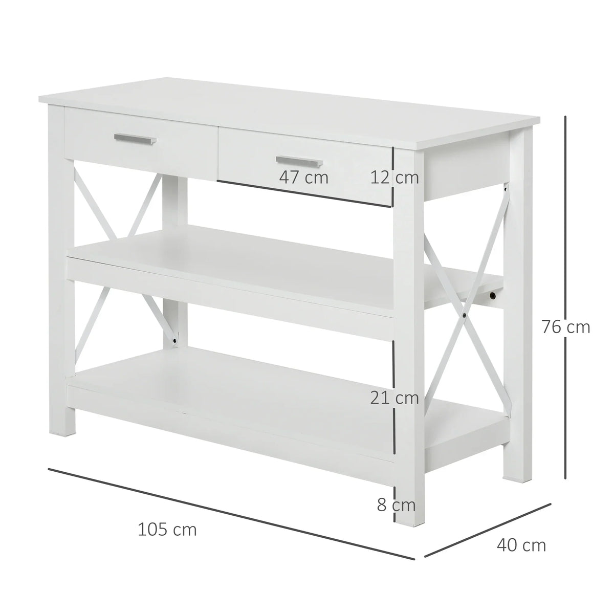 HOMCOM Consolle da Ingresso con 2 Cassetti e Ripiano Inferiore, Tavolino da Divano con Struttura in Metallo in Stile Moderno, 105x40x76 cm, Bianco