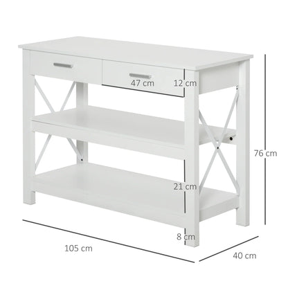 HOMCOM Consolle da Ingresso con 2 Cassetti e Ripiano Inferiore, Tavolino da Divano con Struttura in Metallo in Stile Moderno, 105x40x76 cm, Bianco