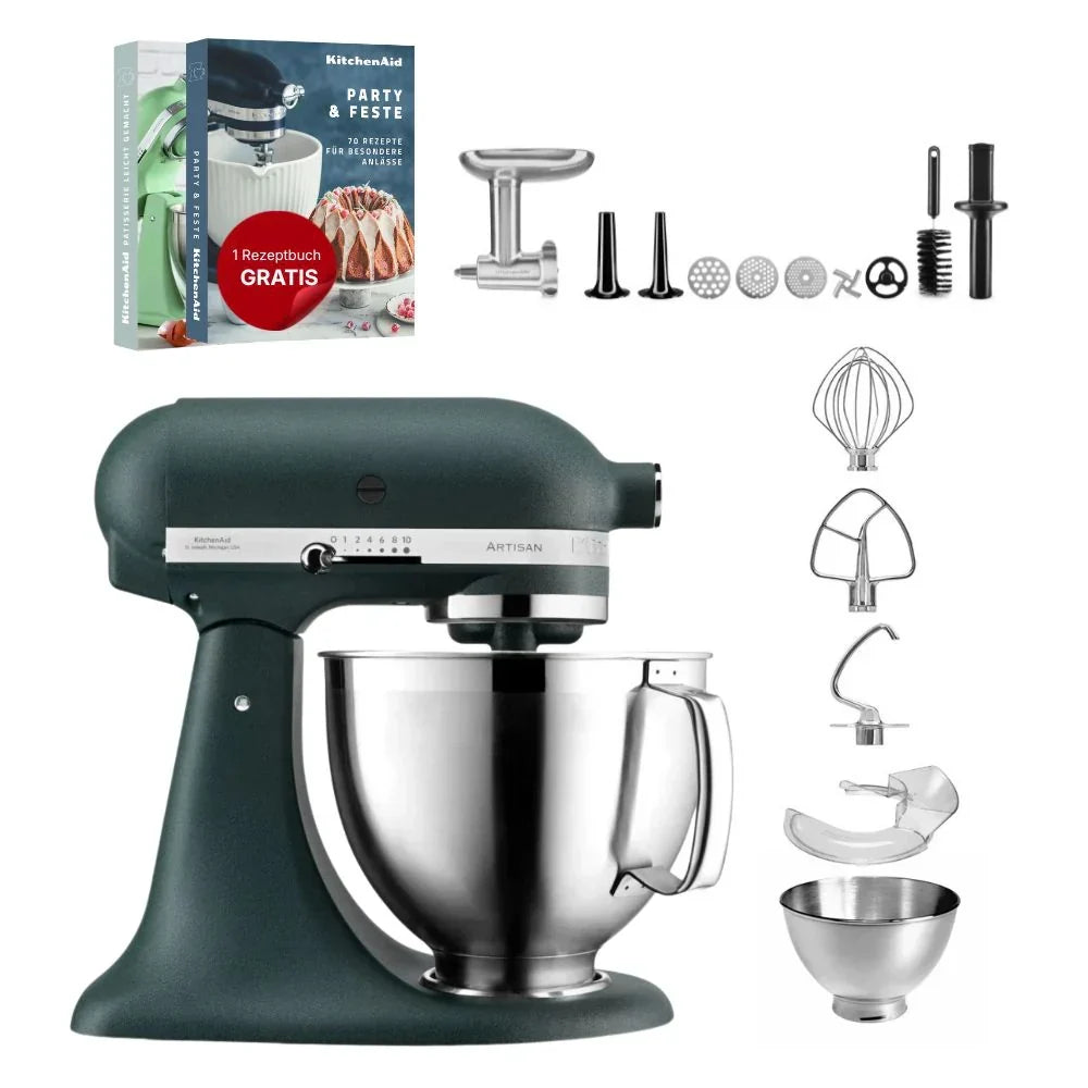 KitchenAid Robot da cucina Artisan 4,8 L 5KSM185 con tritacarne Meatlover in metallo 5KSMMGA misura 8 e accessorio per biscotti spritz