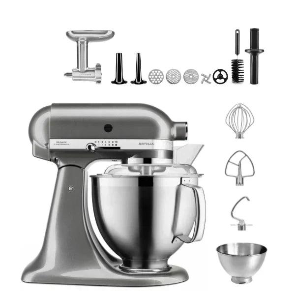 KitchenAid Robot da cucina Artisan 4,8 L 5KSM185 con tritacarne Meatlover in metallo 5KSMMGA misura 8 e accessorio per biscotti spritz