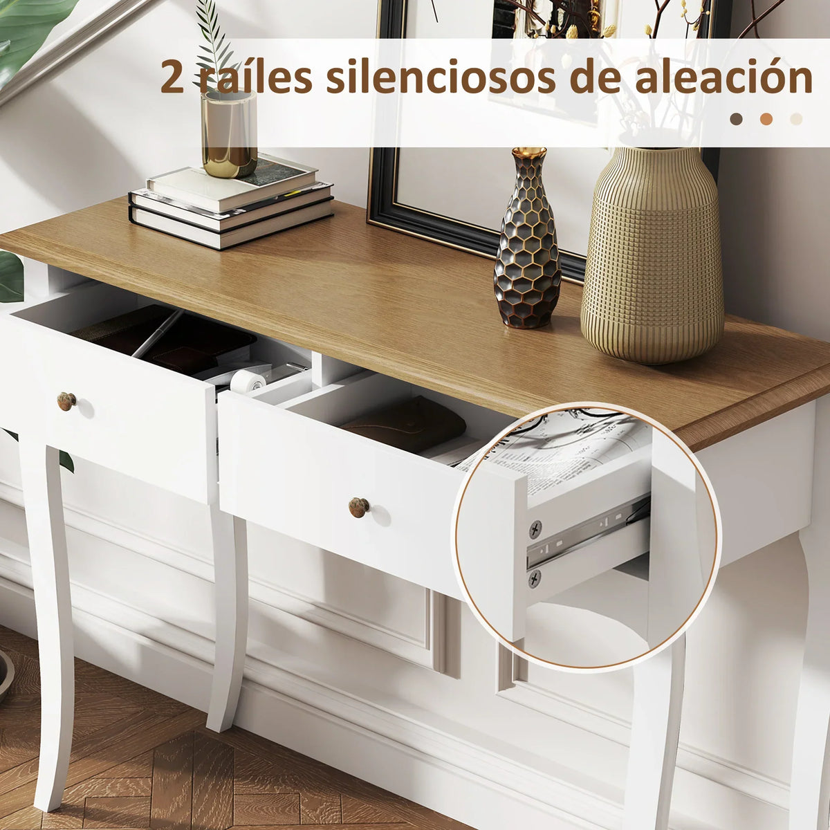 HOMCOM Tavolo Consolle in Stile Francese con 2 Cassetti per Ingresso Camera da Letto Soggiorno, 100x35x76,5 cm, Bianco e Marrone Scuro