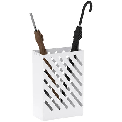 HOMCOM Portaombrelli con 4 Ganci e Vaschetta Raccogligocce Removibile - Portaombrelli per Bastoni da Passeggio e Ombrelli, Acciaio 28 x 14 x 41 cm Bianco