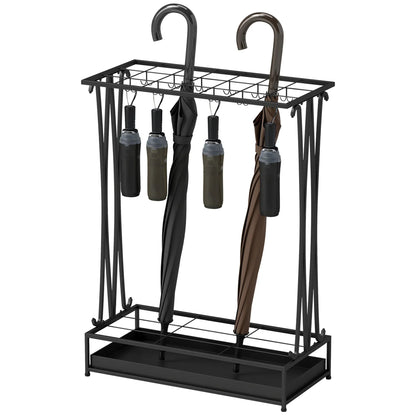 HOMCOM Portaombrelli in Acciaio Portaombrelli Rettangolare con 24 Ganci, 21 Aperture, Vassoio Raccogli Gocce Rimovibile per Bastoni da Passeggio e Ombrelli 50 x 24 x 68 cm Nero