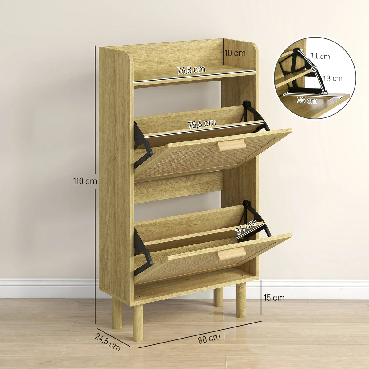 HOMCOM Scarpiera per Ingresso in Stile Bohemien - Scarpiera per 18 Paia di Scarpe con 2 Cassetti a Ribalta e 1 Scaffale Aperto - Scarpiera Sottile per Corridoio 80x24,5x110 cm Quercia