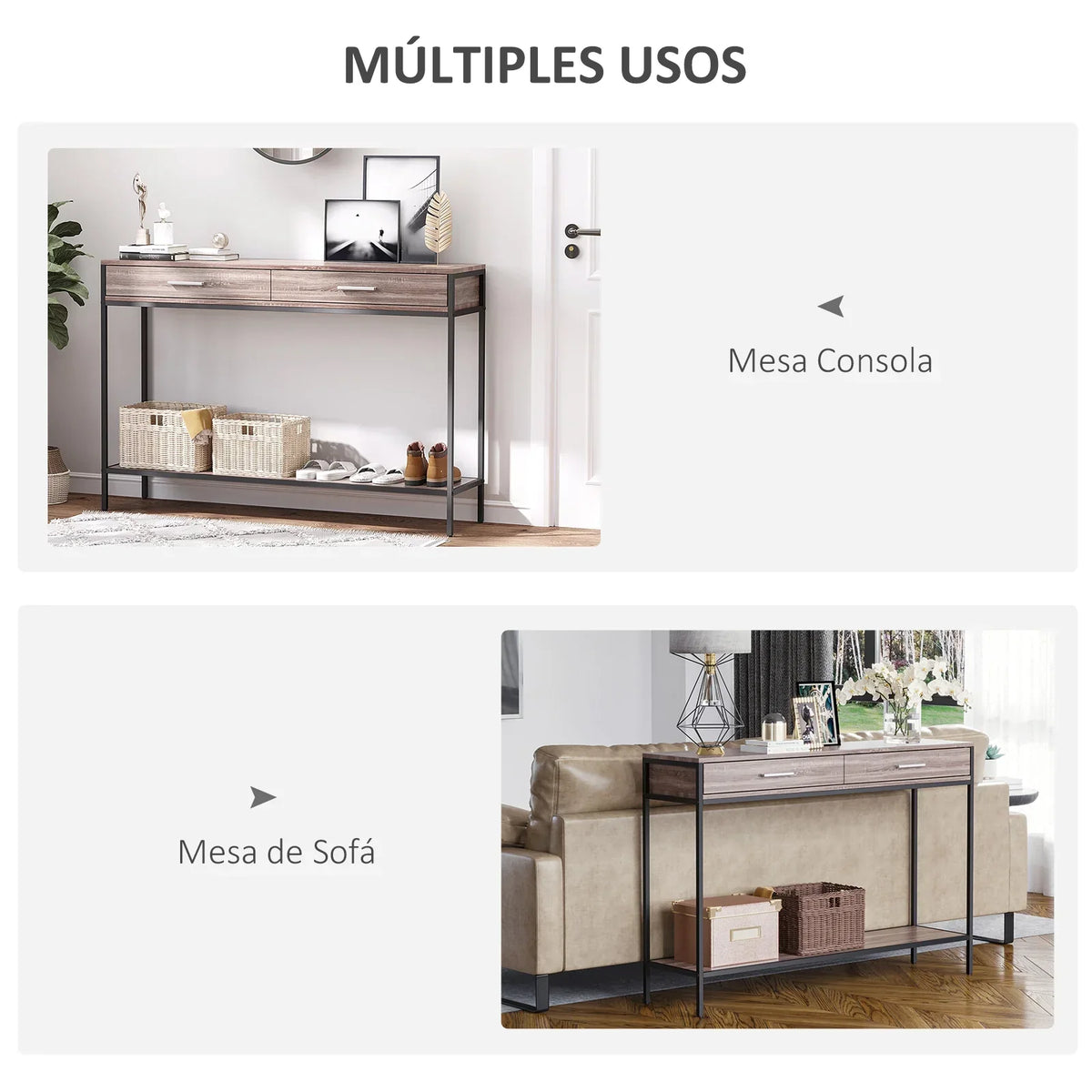 HOMCOM Tavolino Console Stile Industriale con Cassetti e Struttura in Acciaio per Ingresso 120x30x81,5 cm Rovere