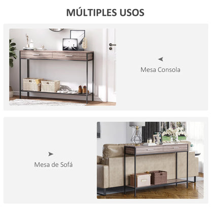 HOMCOM Tavolino Console Stile Industriale con Cassetti e Struttura in Acciaio per Ingresso 120x30x81,5 cm Rovere