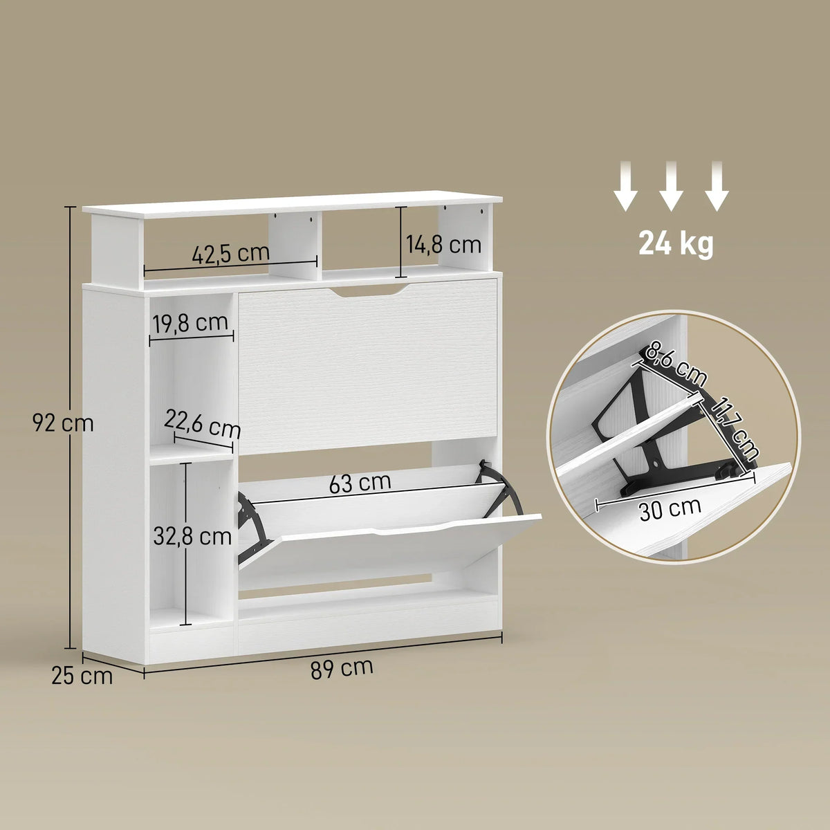 HOMCOM scarpiera stretta con 2 ante a ribalta, scomparti aperti e ripiano regolabile, 89 x 25 x 92 cm, bianco